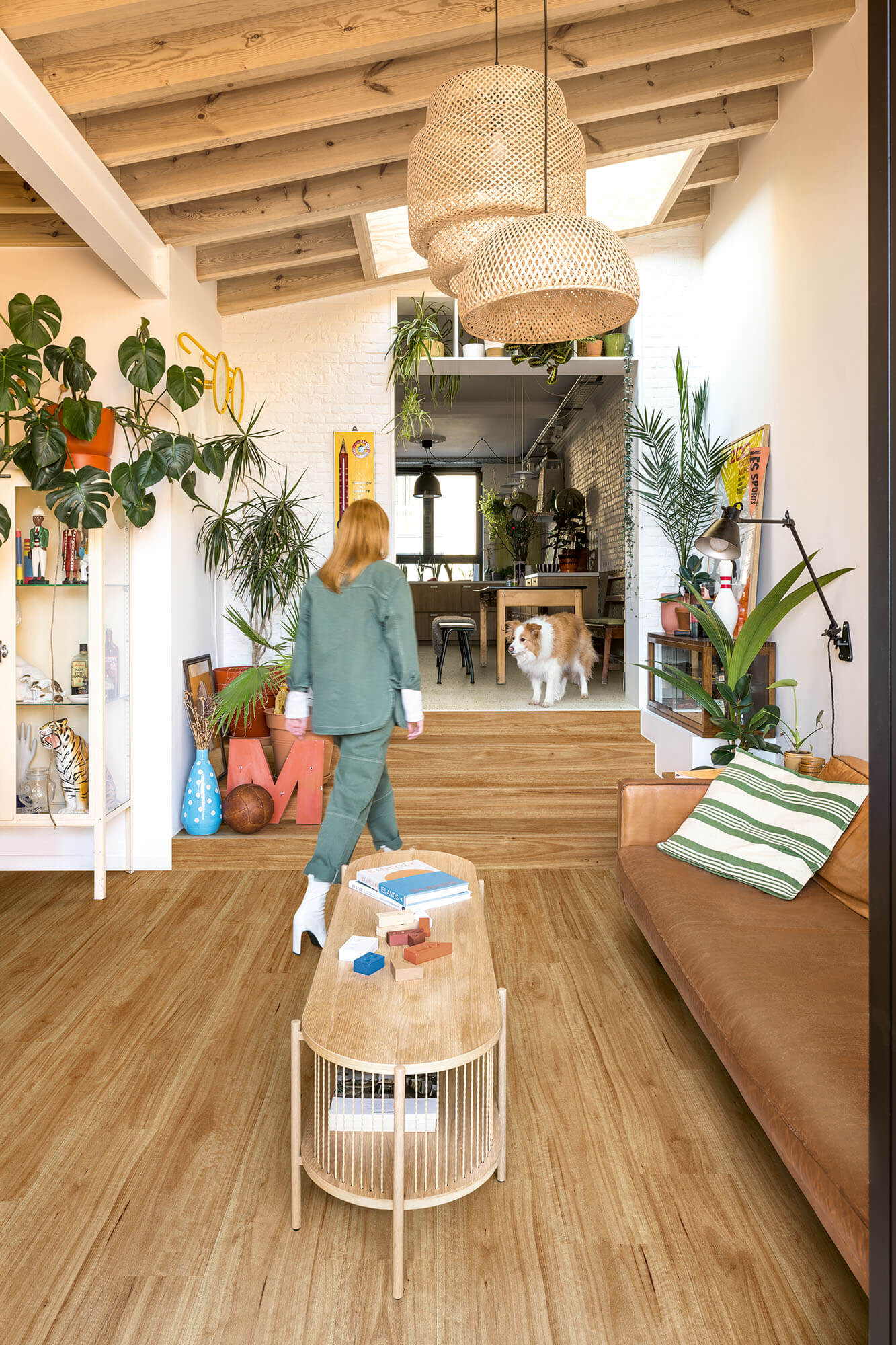 Modern living room with wooden floor, plants, and a person walking.