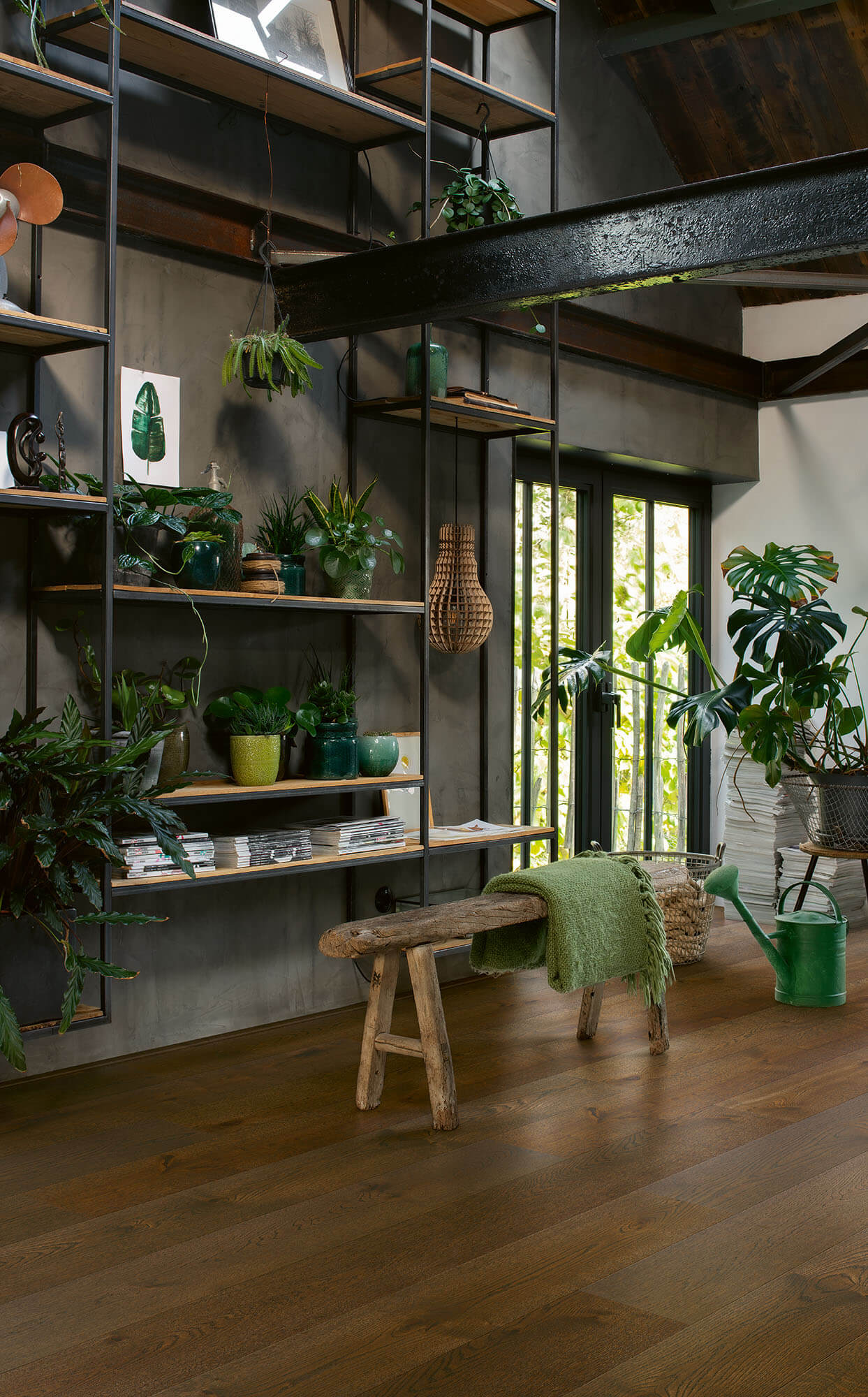Modern interior with bookshelves, plants, and a wooden bench.