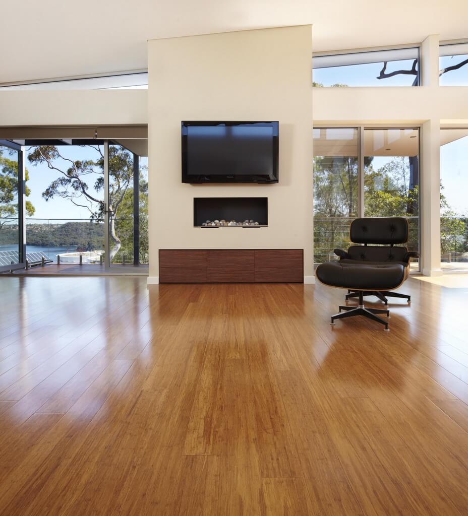 Modern living room with a television, fireplace, and Eames chair.