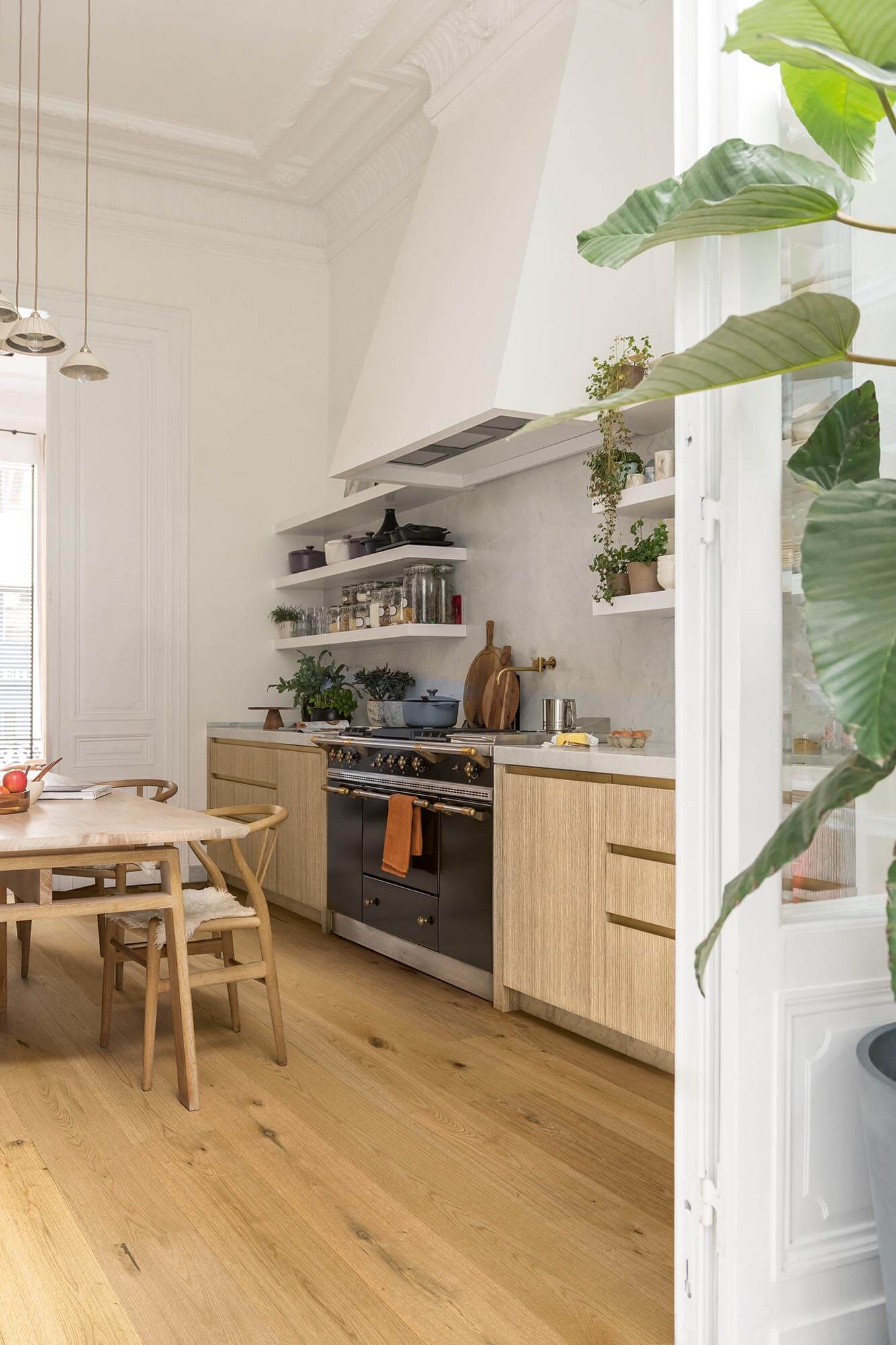 Modern kitchen with wooden floor and white walls, featuring a stove and various kitchen items.