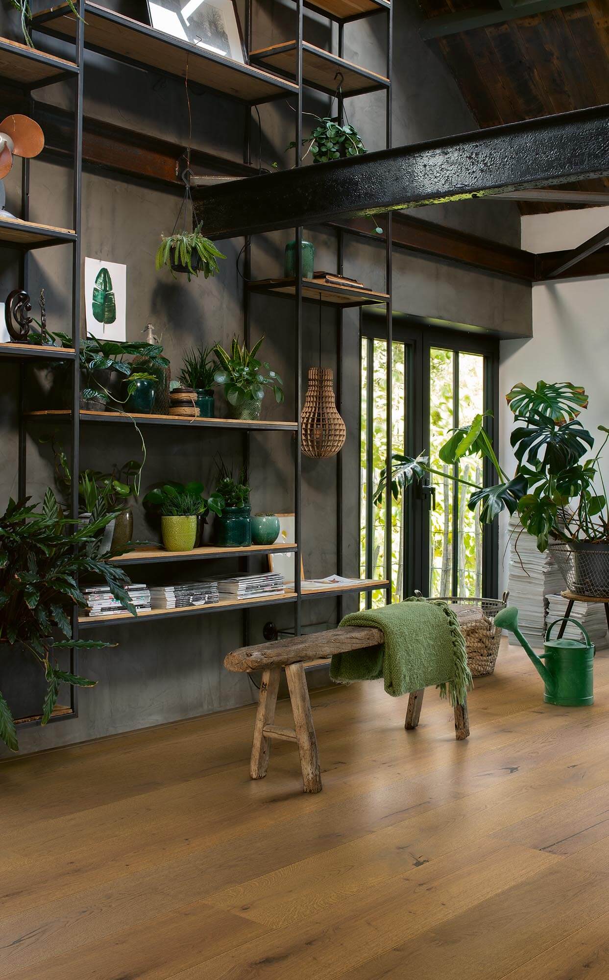 Modern interior with bookshelves, plants, and a wooden bench.