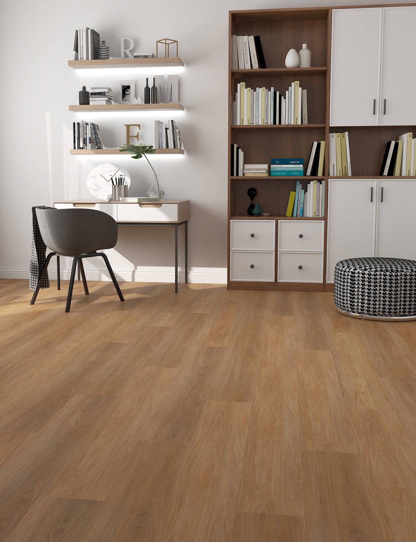 Modern home office with wooden flooring, desk, bookshelves, and cabinets.