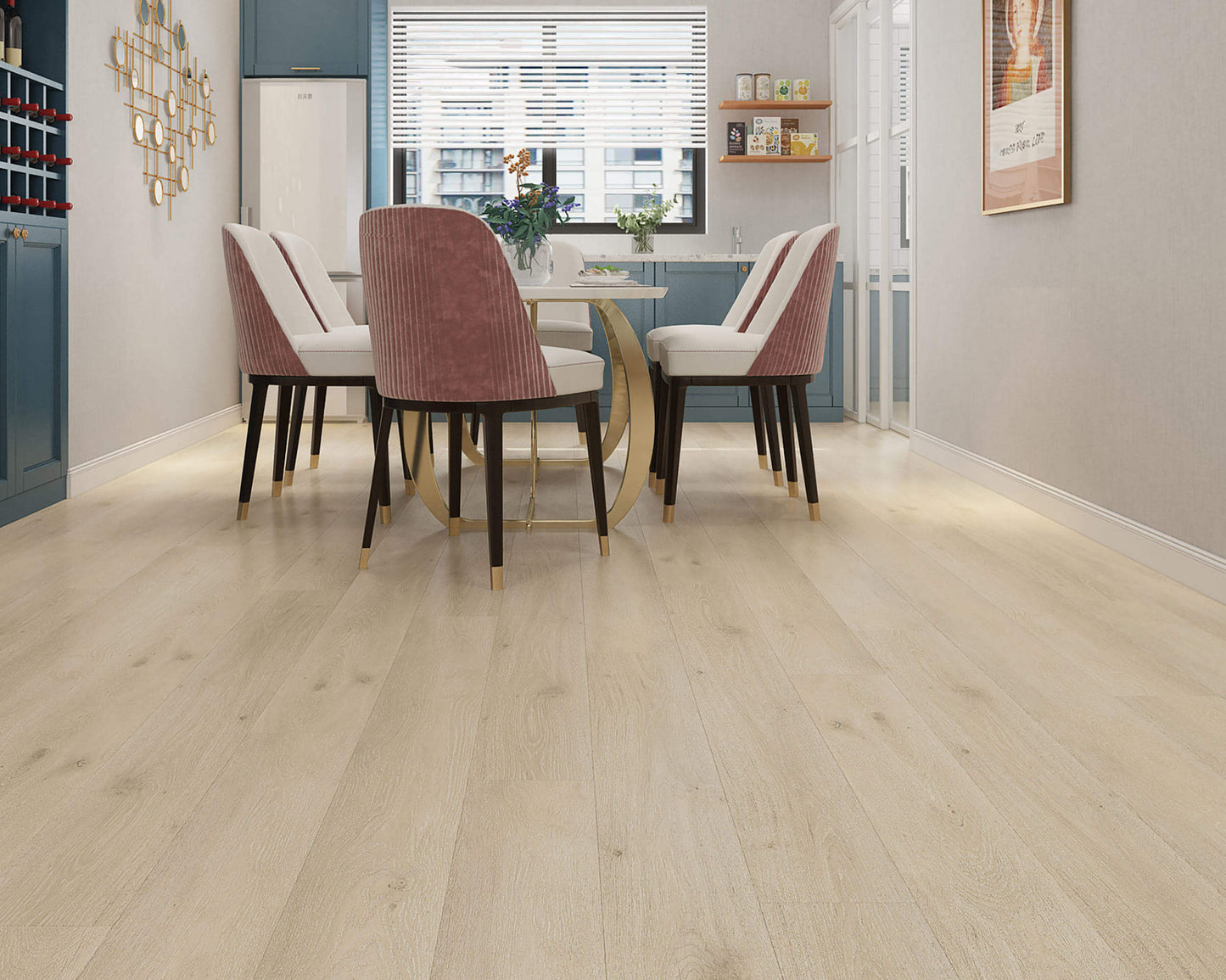 Dining area with pink chairs and a table on a wooden floor.