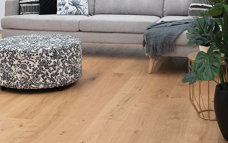 Living room with a gray sofa, patterned ottoman, and plant on a wooden floor.
