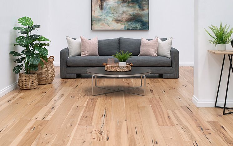 Living room with a gray sofa, coffee table, and decorative plants on a wooden floor.