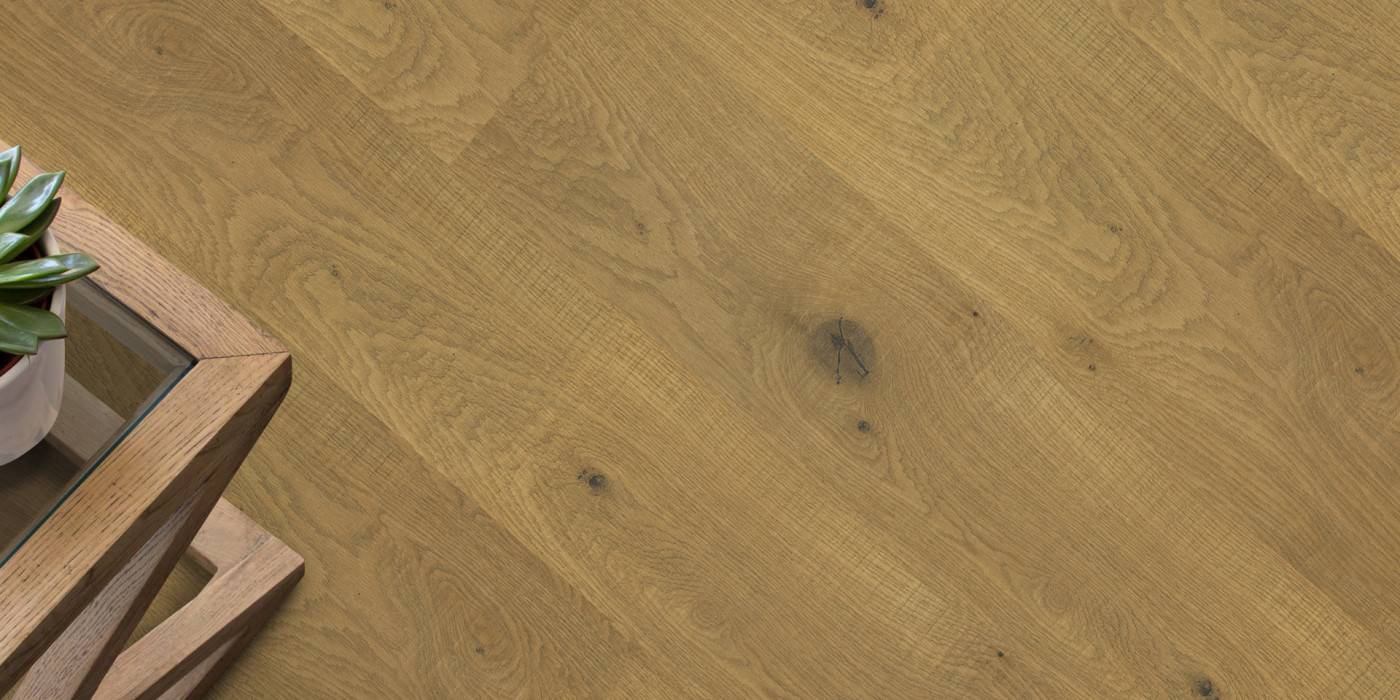 Wooden floor with a table and plant in the foreground