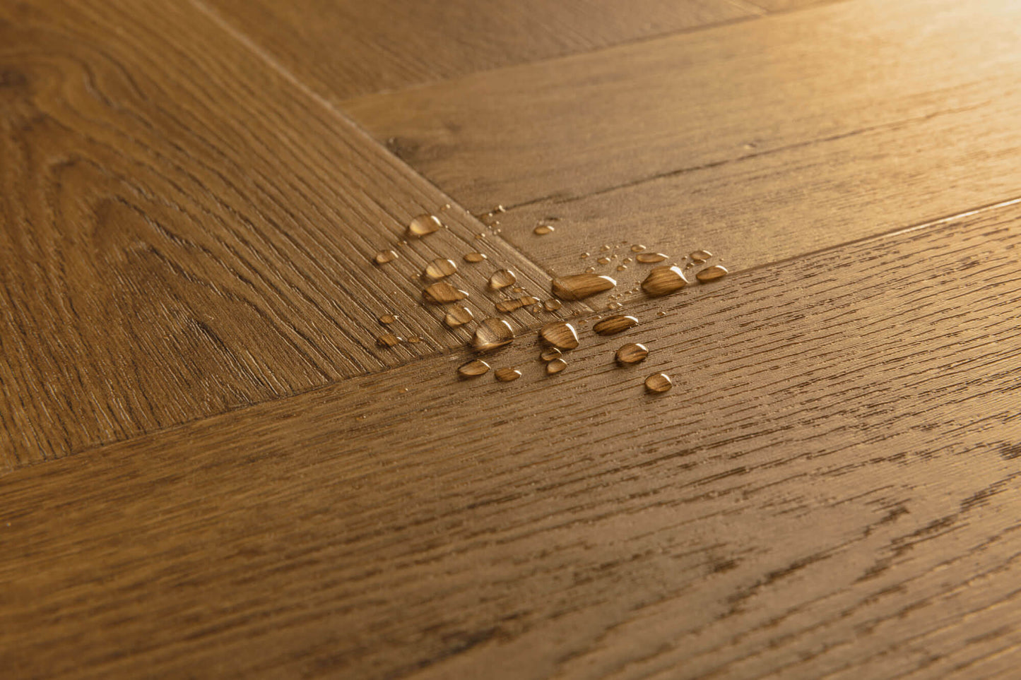 Wooden floor with water droplets on it