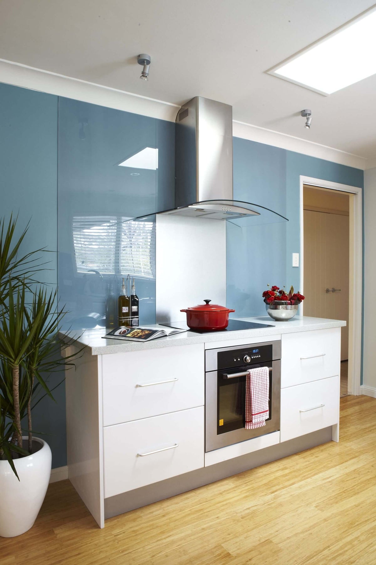 Modern kitchen with white cabinets, blue walls, and a plant.