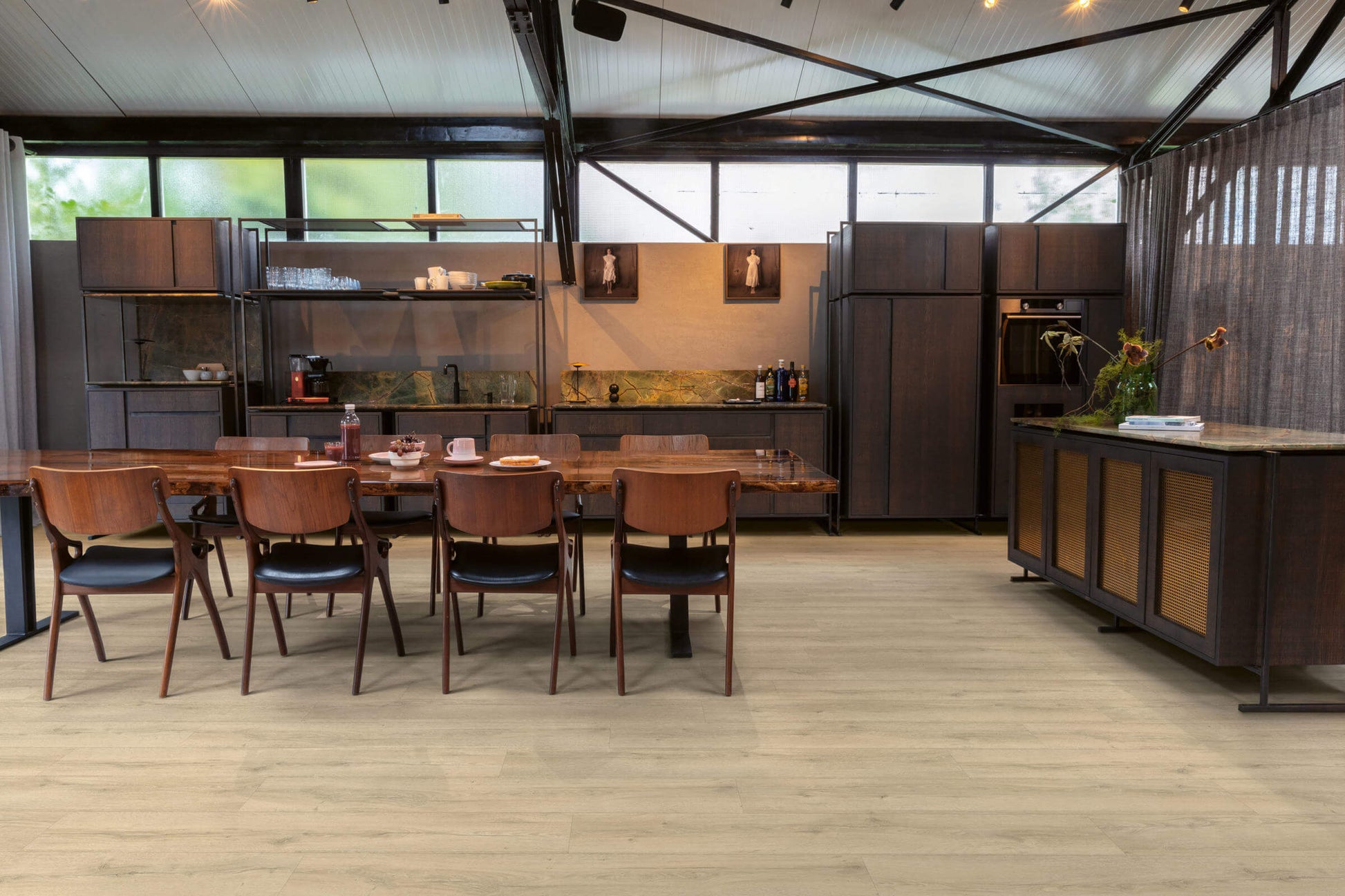 Modern kitchen with wooden dining table and chairs