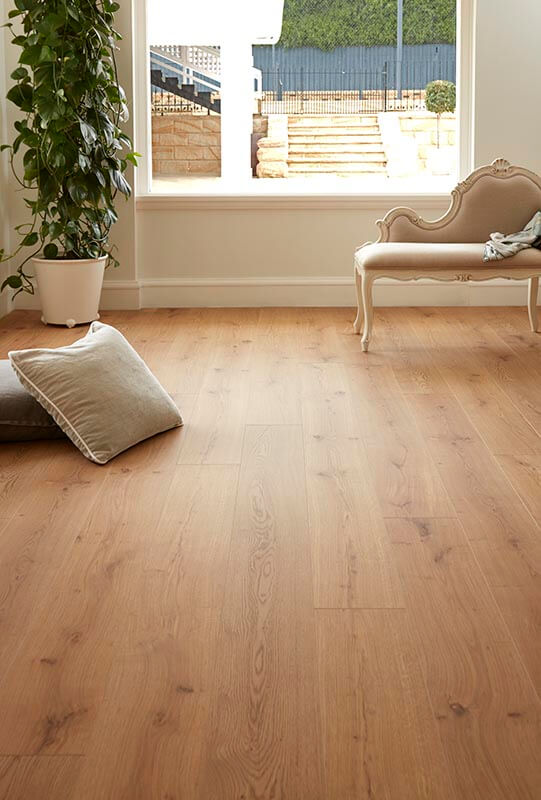 Wooden floor with a view of a garden through a window, featuring a sofa and plant.