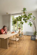 Person working on a laptop at a wooden table with a child, large indoor plant, and bright window in a modern room.