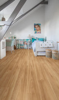 Modern bedroom with wooden floor, white walls, and decorative elements.