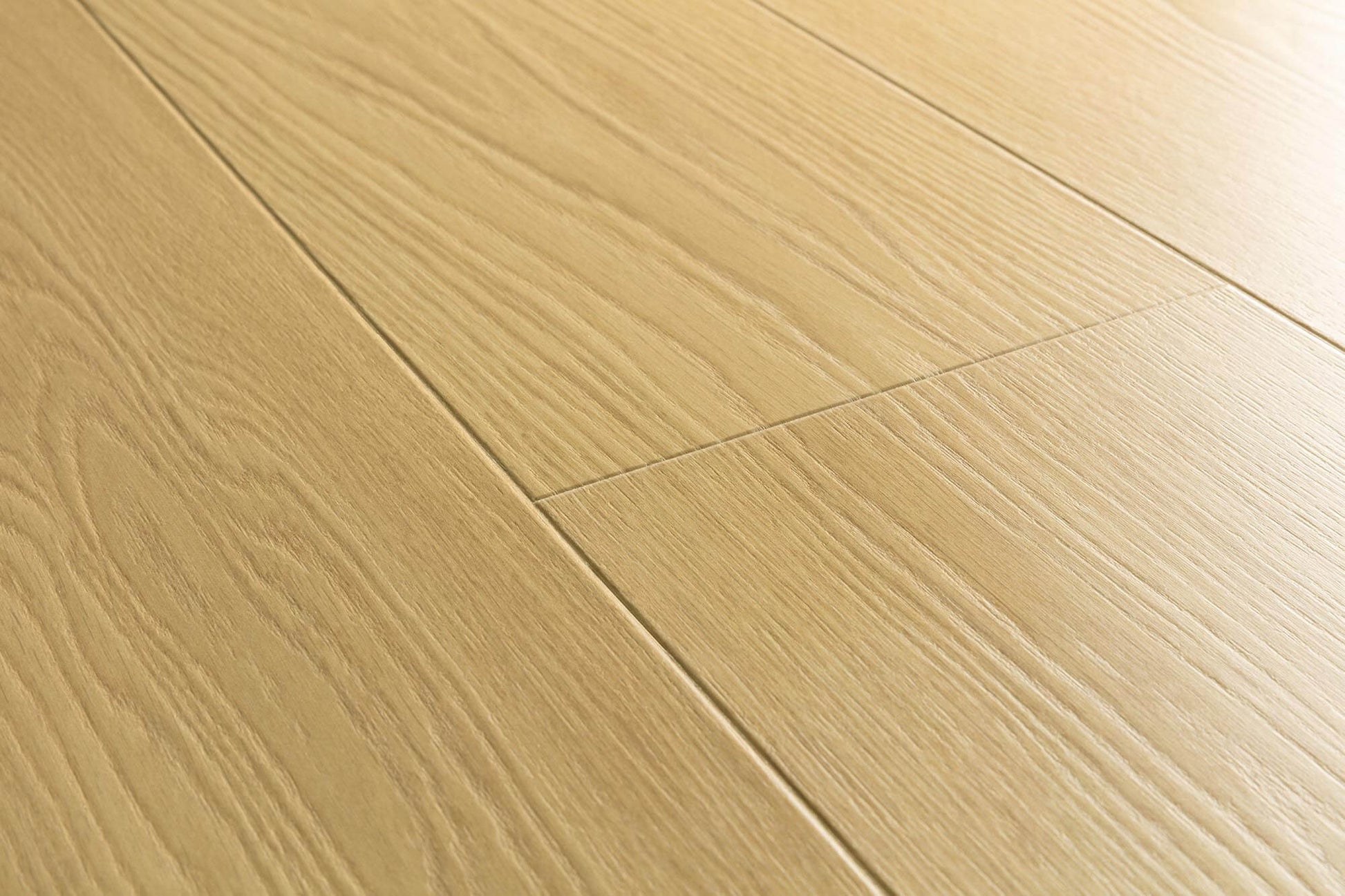 Light beige wood-look flooring planks with a natural oak grain texture.