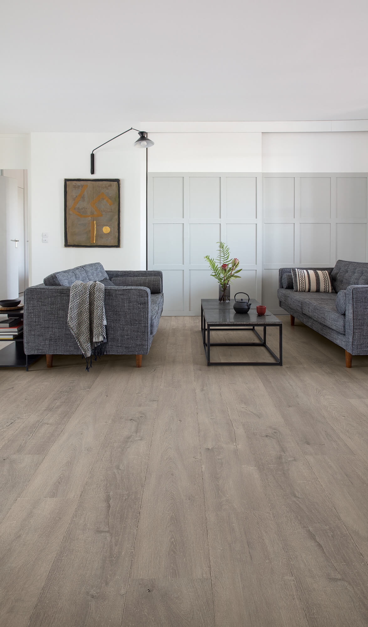 Modern living room with gray sofas, a coffee table, and decorative elements.