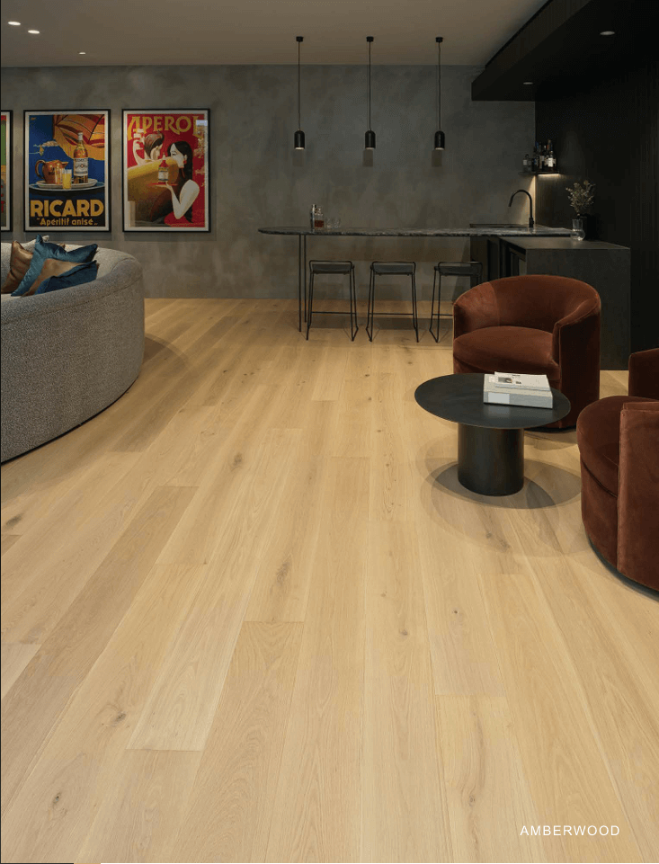 Living room with wooden flooring, furniture, and wall art.