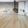 Modern living room with a fireplace and wooden flooring