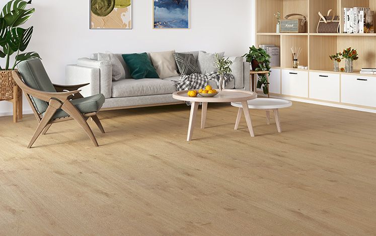 Modern living room with wooden flooring, furniture, and decor.