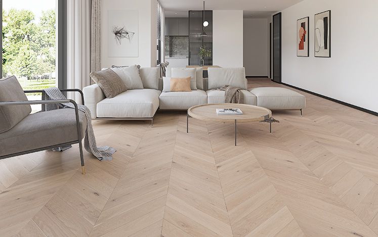 Modern living room with white furniture and wooden floor