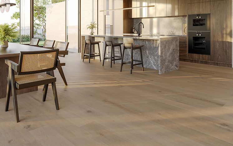 Modern kitchen with wooden flooring and furniture