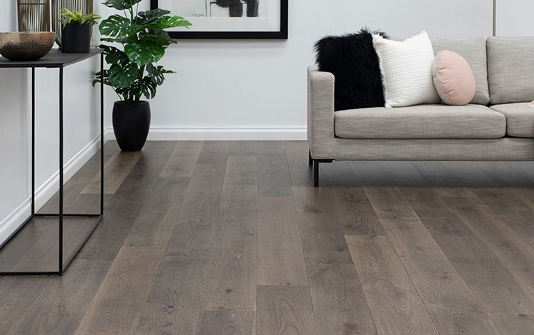 Living room with gray sofa, plants, and a wooden floor.