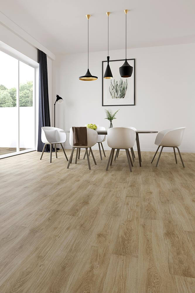 Dining room with wooden flooring, table, and chairs.