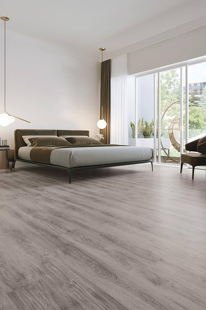 Modern bedroom with a bed and large windows