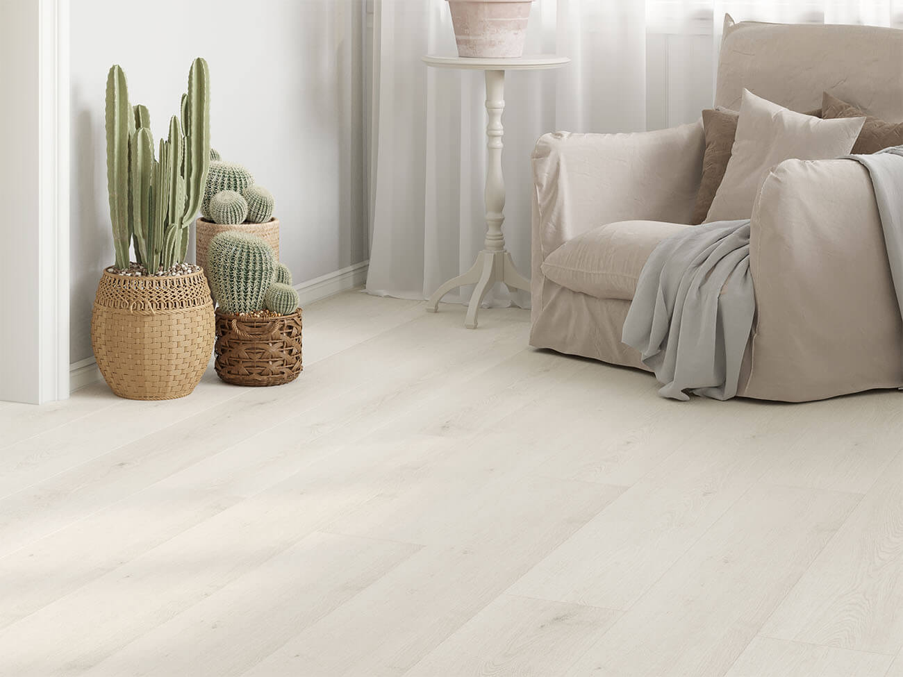 Living room with beige sofa, decorative pillows, and potted cacti on a light wooden floor.
