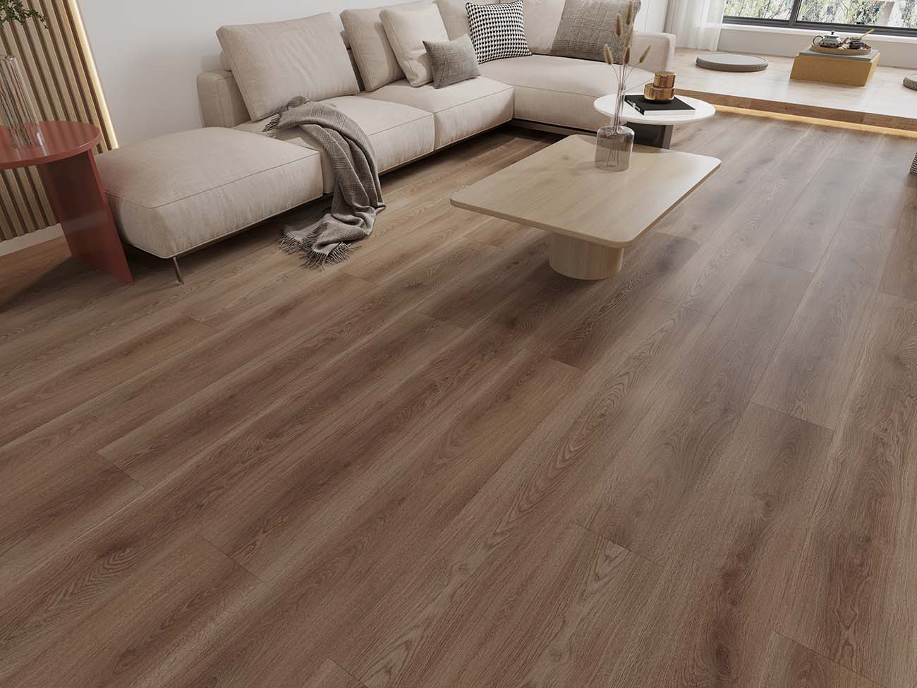 Living room with a sectional sofa and wooden coffee table on a wooden floor.