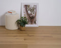 Wooden floor with a plant, books, and a framed picture on a white wall.