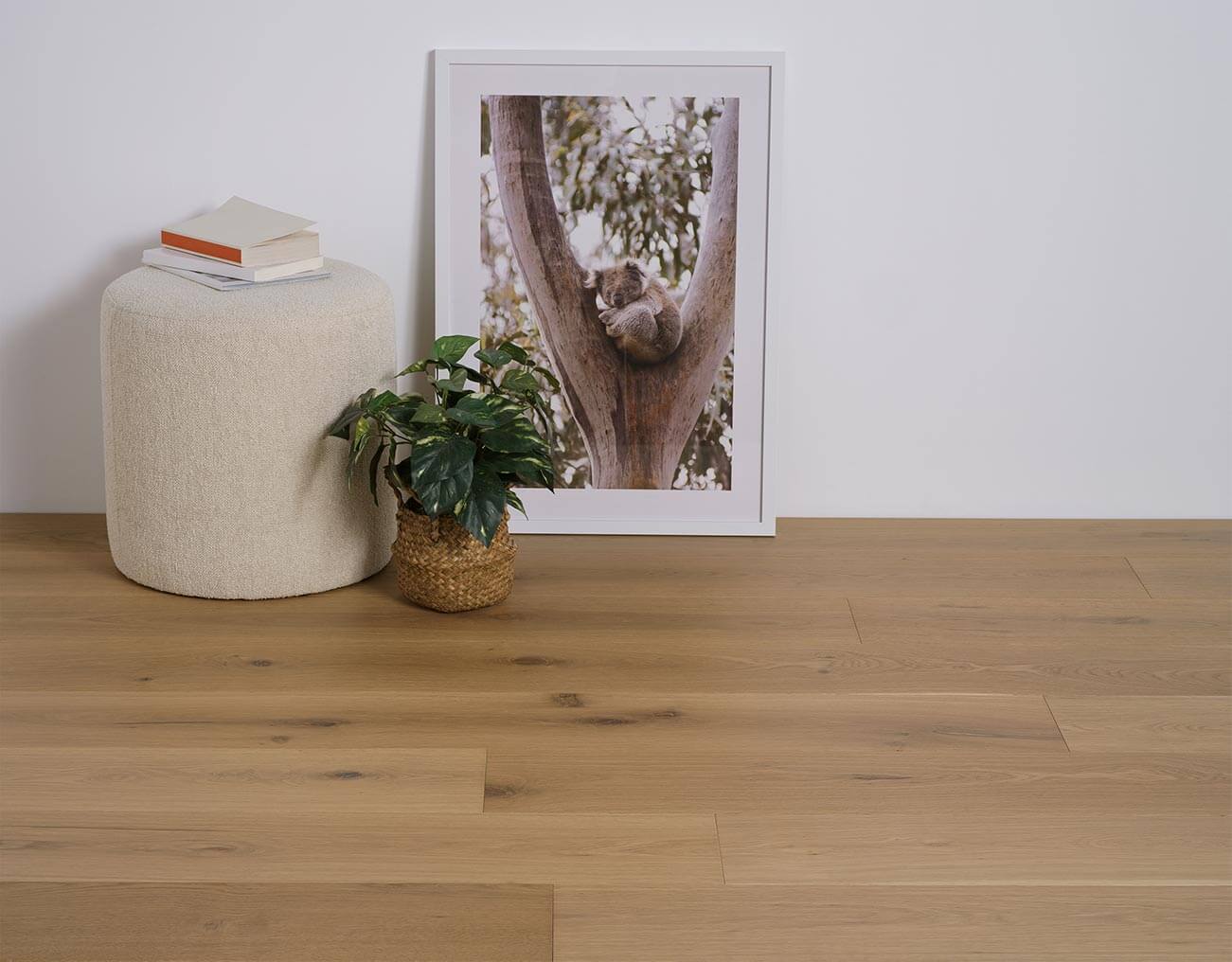 Wooden floor with a plant, books, and a framed picture on a white wall.